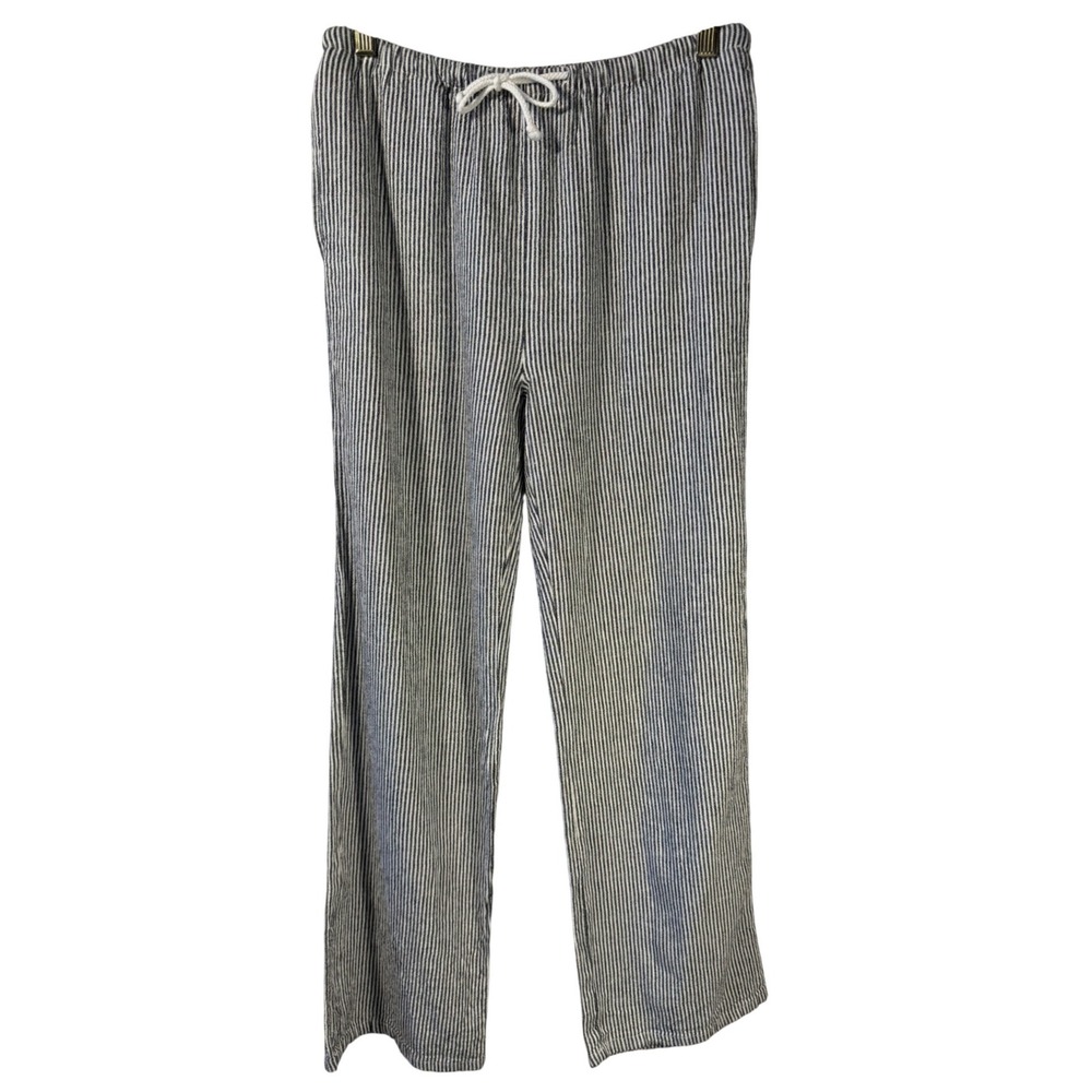C'ISA Striped Linen Blend Drawstring Pants Elastic Waist Size M Relaxed Comfy‎